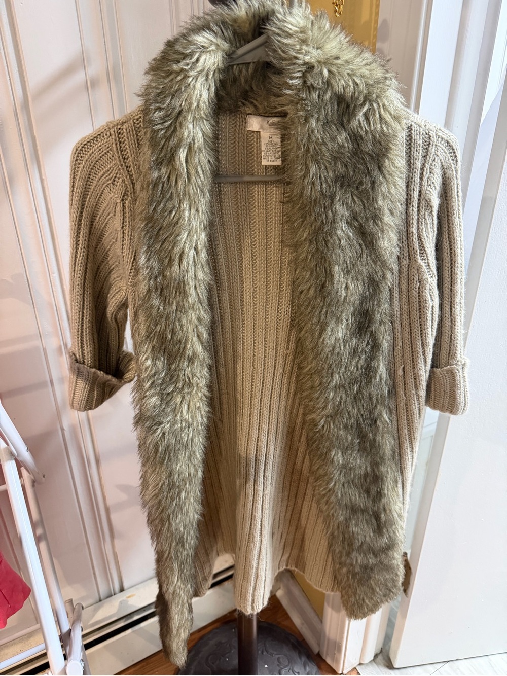 Kenar Beige Cable Knit Cardigan with Faux-Fur Trim